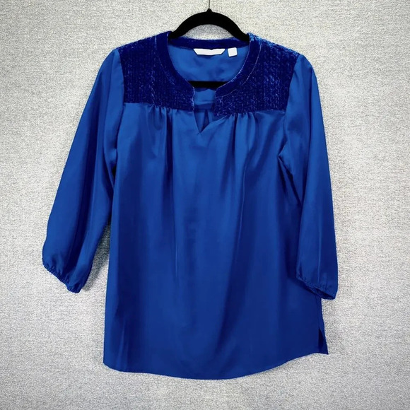 IsaacMizrahiLive! Velvet top Blouse Blue Pullover Balloon Sleeve Size Small - Picture 1 of 10